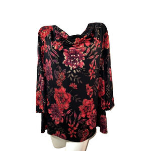 Sami & Jo Top‎ Women's Size 2X Red Black Gold Floral Print 3/4 Sleeve Drape Neck